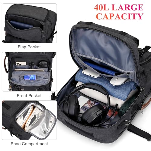 WITZMAN Travel Backpack for Men 40L Large Carry-on Airline Approved | Canvas 3 in 1 Duffle Luggage Bag Fits 16“ Laptop, Shoe Compartment, For Weekend Getaway, Overnight Trip - color: Black