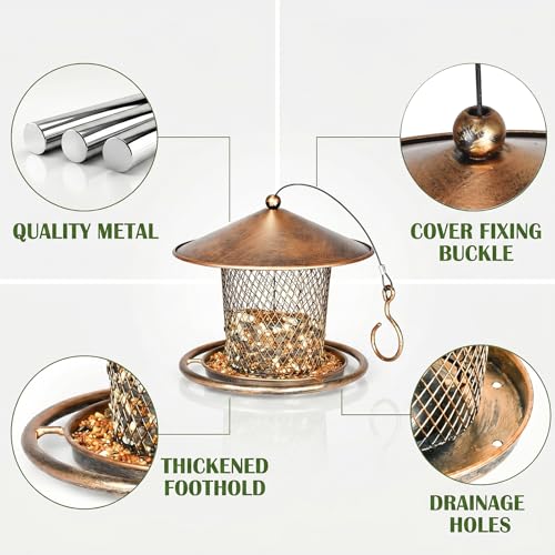 Bird Feeder, Weatherproof Wild Bird Feeders for Outdoors | Birds Feeding Station Metal Round Roof Birdfeeder for Garden Yard Outside Hanging Decor