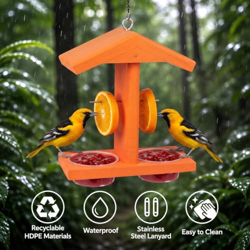Oriole Feeder, Oriole Feeders for Outdoors, Wooden Feeder for Oriole Birds with Double Cup for Jelly or Jam,Fruit,Nectar or Seed, Orange