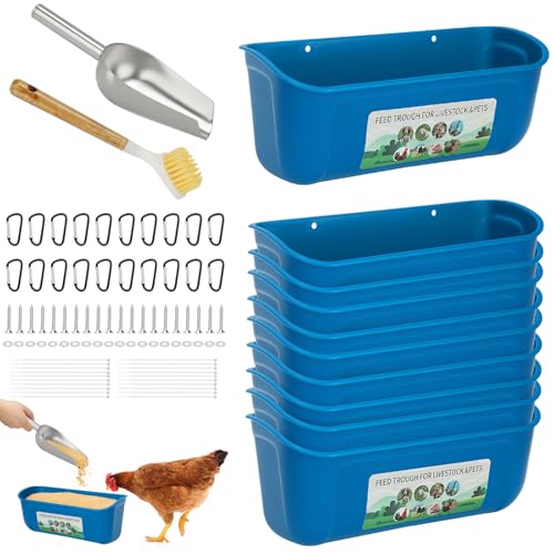 10 Pack Fence Feed Feeder 4.5 Quart Hanging Chicken Feeder Trough with Brush & Scoop Blue Goat Hanging Fence Feeders Feeder with Hooks Screws & Zip Tie for Livestock Feeding Container Goats Supplies - color: Blue, size: 10 Pack