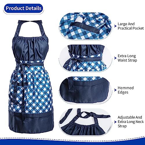 Lovely Flower Pattern Retro Aprons With Large Pockets for Women Girls Cooking Kitchen Bakery Mother's Gift - color: Blue Plaid