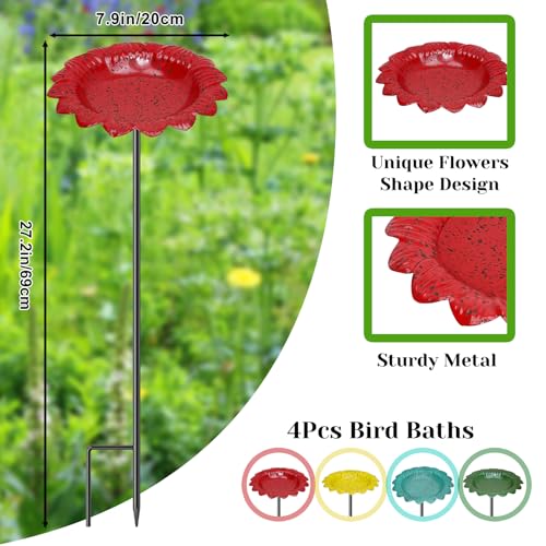 4 PCS Metal Bird Baths for Outdoors, Small Garden Bird Bath with Metal Stake, Hummingbird Feeder for Yard Lawn Decoration (4P-Red Yellow Blue Green) - color: 4P-Red Yellow Blue Green
