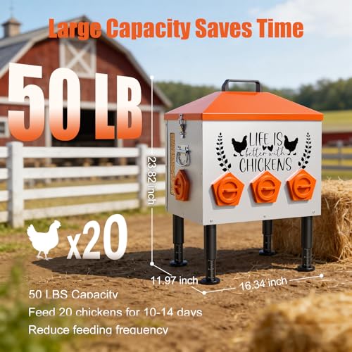 TGEYD 50LB Large Chicken Feeder – 8 Feeding Ports, No-Waste Poultry Feeder with Transparent Viewing Window, Anti-Roost Lid, & Scale-Mark Round Legs - size: 50LB