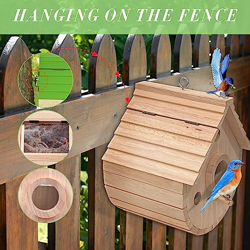 Wooden Bird House for Outside，3Holes Bird House for Bluebird Cardinals Wren Swallow, Hangding Birdhouse in Garder/Balcony/Courtyard (Wood Color) - color: Wood