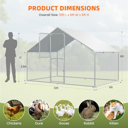 Large Metal Chicken Coop Walk-in with Double Locking Doors, Heavy Duty Outdoor Chickens House with Waterproof Protective Cover, Predator-Proof & Weather-Resistant Enclosure，Metal G，6 * 10 * 6 FT | Double Feed Door UV-Resistant Cover Heavy Duty Outdoor Cag