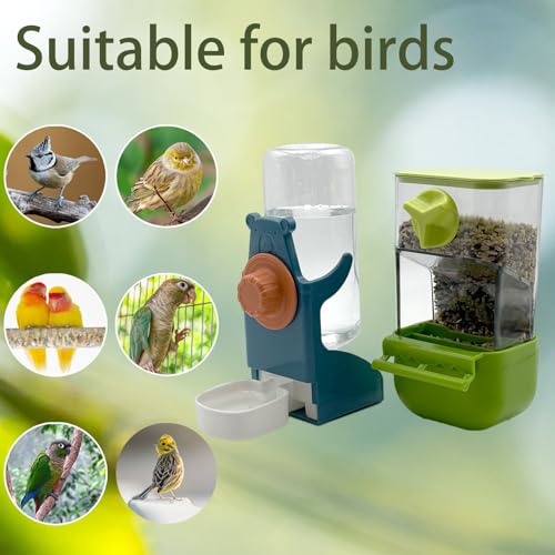 Automatic Bird Feeder for Cage No Mess Bird Feeder Water Dispenser Set | Acrylic Parrot Food Container Drinker Cage Accessories for Parakeet Canary Finch Cockatiel Lovebirds - color: Green + Blue