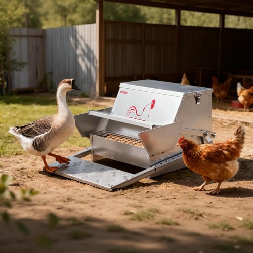 VEVOR Automatic Chicken Feeder, 25 lbs Capacity, Rainproof Treadle Poultry Feeder with Lockable Lid, No Waste, Galvanized Steel Construction, Outdoor Use, for Chicken, Bantams, Poultry, Pheasants