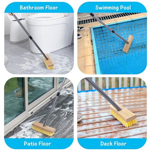 Floor Scrubber Brush with Long Handle for Deck Cleaning, 52'' Stiff Bristle Scrub Broom for Shower, Bathroom, Boat, Concrete, Carpet, Garage - color: Yellow