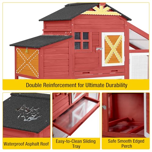 AIVITUVIN Chicken Coop with Nesting Box Mobile Chicken House on Wheels for 2-4 Chickens Rabbit Hutch Pull-Out Tray Wooden Poultry Cage Red - color: Red