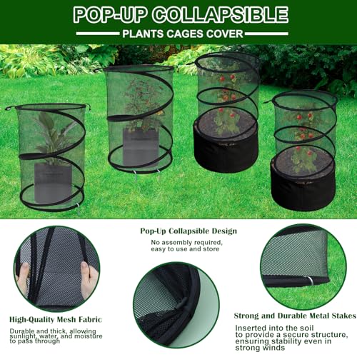 4 Pack Pop up Plant Covers Tent from Animals, 20"H X 13"D Insect Barrier Mesh Plant Guard Cover Net Black Garden Plant Protectors Mini Greenhouse Plant Protection Cage with Stakes for Outdoor Plants - color: Black