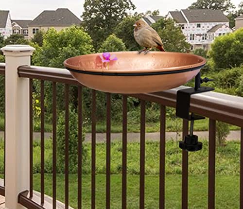 Monarch Abode Deck Mounted Bird Bath & Bird Feeder for Outdoors – Pure Copper Hand Hammered Birds Bath Bowl w/Detachable Iron Clamp, Birdfeeder and Birdbath for Outdoors Garden Backyard - style: Deck Mounted Bird Bath