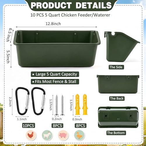 10 Pack Chicken Feeder,5 Quart Hanging Goat Waterer,Green | Two Mounting Options, Metal Clips and Screws,Solid base without holes,Livestock Feed Buckets for Sheep Duck Coop, Farm, Geese - color: Green