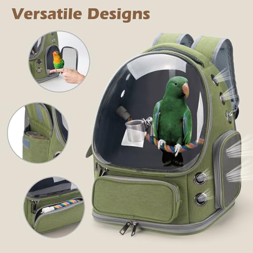 Bird Backpack Carrier Travel Cage with Perch, Tray and Breathable Clear Window, Bird Travel Cage for Cockatiel Caique Conure Quaker, for Vetting Camping Hiking (Green) - color: Green