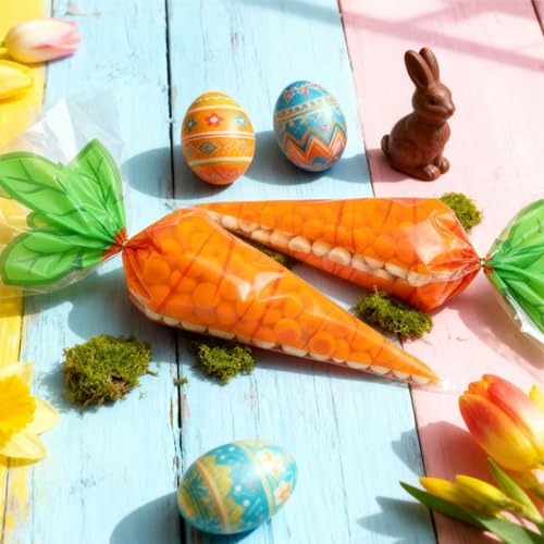 MexLuyu 50Pcs Cute Carrot Gift Wrap Bags Easter Cellophane Treat Bags Carrot Shaped Triangle Bags with Twist Ties Orange Gift Cone Goodie Plastic Bag Easter Party Supplies for Cookie Popcorn