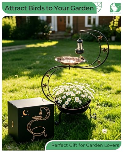 Solar Bird Bath with Flower Planter, S-Shaped Standing Garden Decor | Solar Glow, Hummingbird Embossed Bowl, 2-Tier Planter, Weather Resistant Metal, Garden Patio Accent