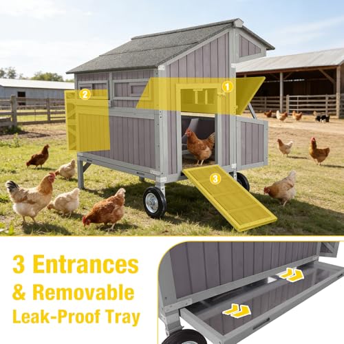 Extra Large Chicken Coop for 4-6 Hens, Mobile Hen House with 8.1" All-Terrain Wheels, Outdoor Poultry Cage with Strong Iron Frame, 3 Nesting Boxes & 3 Perches for Easy Backyard Farm - color: Grey, size: 37.6"L x 48.6"W x 51.2"H
