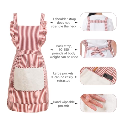 Cute Cotton Apron for Women, Adjustable Bib Cooking Kitchen Aprons with Pockets for BBQ Drawing Baking - color: Red