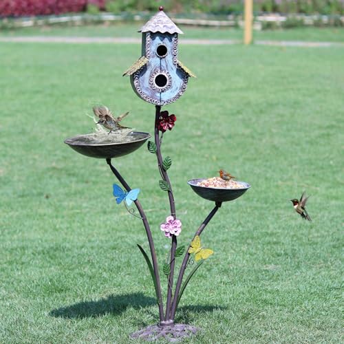 Cast Iron Pedestal Bird Baths for Outdoors，Metal Bird Bath and Bird House | 38" H Bird Bath 3 in 1 Metal Bird Bath Bowl with Bird Houses and Bird Feeder,Garden Yard Decor - color: multicolor-B