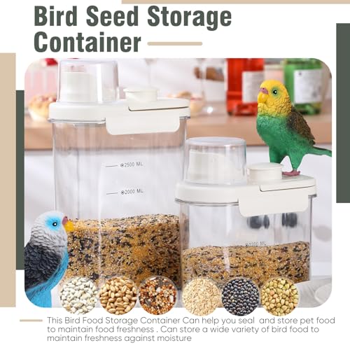 2 Pcs Bird Food Storage Container, Bird Seed Container with Lids Airtight Cup Pet Parrot Food Storage 1.7 Qt & 3 Qt Measuring Containers Easy Pour Spouts for Macaws African Cockatoos (Beige) - color: Beige