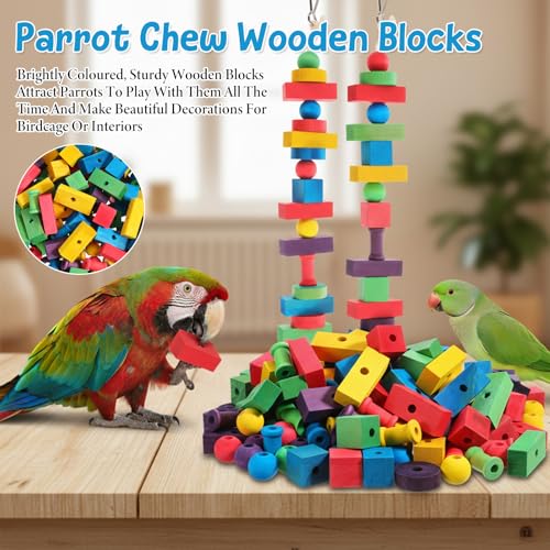 Bird Toys for Parrot, 165 Pcs Colorful DIY Wooden Blocks Craft | Cage Chewing Playing Training Toy for Cockatoos, Macaws, African Grey and Small Medium Parrots