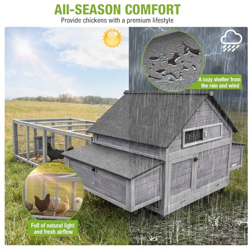 GUTINNEEN 119" Large Chicken Coop with Run, 35.4ft² Overall Space for 4-6 Chickens, Outdoor Mobile Wooden Hen House & Duck Coop on Wheels with Wire Fence Run, Removable Tray & 2 Nesting Boxes - color: Grey with Run 35.4ft²
