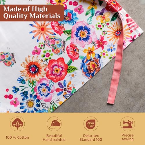Maison d' Hermine Aprons for women with Pocket 100% Cotton (27.50"x31.50") | Adjustable Neck Strap & long ties Apron Men Chef Wedding Cooking Gardening Server Maid - color: 026 - Happy Florals - High Summer