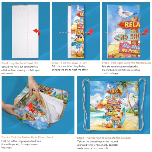 Funny Beach Towel Backpack 2 in 1 Colorful Print Convertible Drawstring Towel Bag for Beach Lover - color: Love Beach Multi