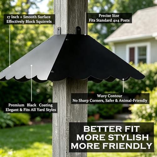 17 Inch Wavy Edge Metal Squirrel Baffle for 4x4 Posts, Black | Wraparound metal design installs without removing the post, with curved edges and a weather-resistant finish for outdoor use