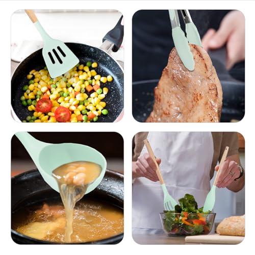 Kitchen Utensils Set, 5 Pcs Non-Stick Silicone Kitchen Cooking Utensils with Wooden Handle, Kitchen Spatula Cookware Utensils Set, Heat Resistant Silicone Kitchen Gadgets (Light Green) - color: 5 PCS Set Light Green