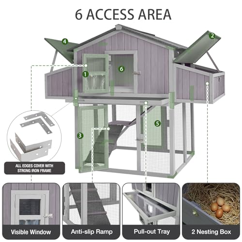 Large Chicken Coop for 6-8 Chickens, Double Folding Wooden Chicken House with 2 Nesting Boxes, Reinforced Iron Frame, Pull-Out Tray & Waterproof Roof, Outdoor Poultry Cage - color: Grey (AIR66)