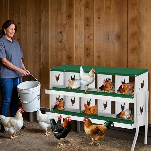 GarveeLife 10 Compartment Chicken Nesting Box with Metal Legs, Nesting Boxes for Chickens, Metal Chicken Laying Boxes with Perch, Secure Lid, Versatile Wall Mount or Free Standing for Hens, Green - color: green, size: 10 grids with legs