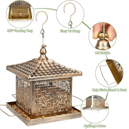 Metal Bird Feeder for Outdoors, 8.6LB Large Capacity Wild Bird Feeders Hanging for Outside, Rustproof Weatherproof with 4 Perches, Attract Cardinals Bluebirds Finches Chickadees Garden Decor