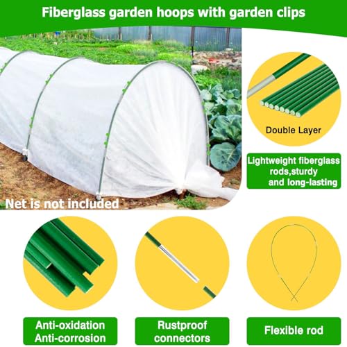 60pcs Garden Hoops for Raised Beds Wide, 8ft Greenhouse Hoops Grow Tunnel for Row Cover Netting, Adjustable Fiberglass Rust-Free Garden Bed Plant Hoops Support DIY Frame Stake for Outdoor, 40pcs Clips - size: 60PCS