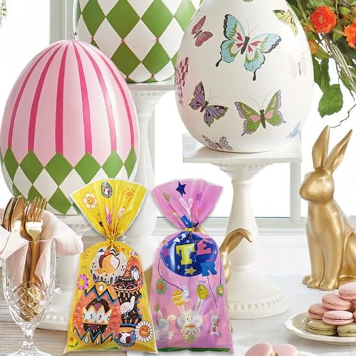 100 Pcs Easter Cellophane Treat Bags - 5 x 11 in Clear Candy Bags with 110 Gold Twist Ties for Kids - 2.8 Mil Thick Happy Easter Goodie Bags for Cookies, Snacks, Party Favors & Gift Packaging - color: Easter 100pcs