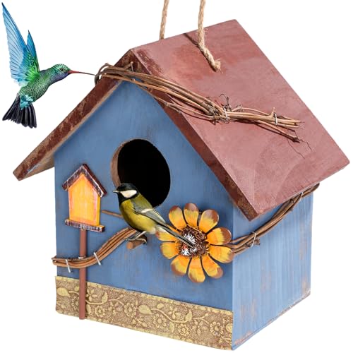 DEWEL Bird Houses for Outside Clearance, Hanging Birdhouses for Outdoors, Garden Wooden Blue Bird Houses for Outdoors, Bird Nesting Box for Bluebird Finch Swallow Wren Chickadee, Gift for Bird Lovers - color: Blue