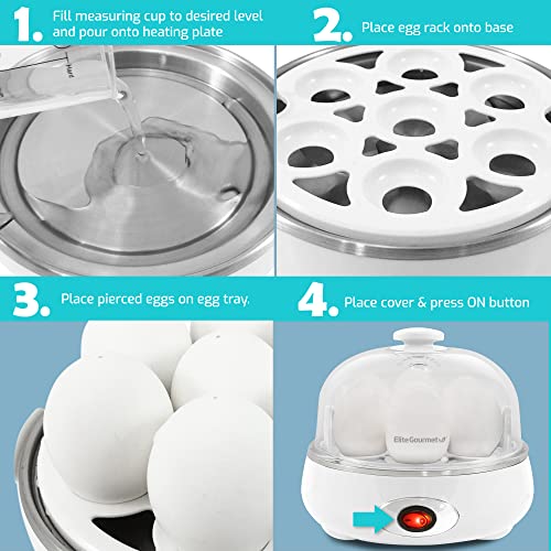 Elite Gourmet EGC322CW Easy Egg Cooker, 7-Egg, BPA-Free, Classic White | Cooks soft, medium, or hard-boiled eggs with auto shut-off - electric operation - includes measuring cup - color: Classic White, size: 7 Egg