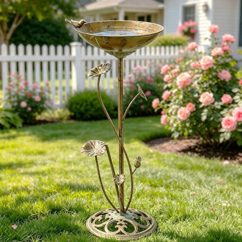 11.4" W x 28.5" H Cast Iron Pedestal Bird Bath, Bird Baths for Outdoors | Bird Bath for Outside Vintage Metal Bird Bath Garden Yard Decoration - color: Vintage Gold-A