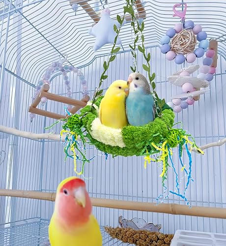 Bird Nest for Cage Bird Breeding Bed Cockatiel Snuggle Nest Parakeet Swing Bed Bird Hanging Hammock Parrot Sleeping Hut for Conure, Budgie, Lovebird, Finch, Small Pets-Green, Large Size - color: Green with Decoration