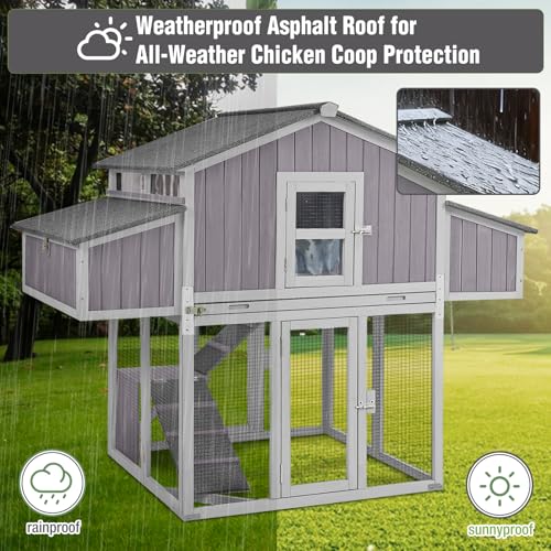 Large Chicken Coop Outdoor with Run, Easy Setup Folding Chicken House, Wooden Hen House with Dual Nesting Boxes, Pull-Out Leakproof Tray, UV-Resistant Roof for Backyard Poultry - size: 69.8"L x 42.0"W x 54.6"H