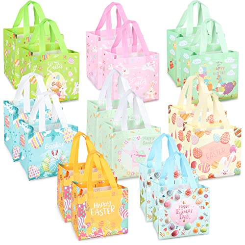 16PCS Happy Easter Egg Hunt Bags Easter Bunny Carrot Chick Egg Gift Bags with Handles, Easter Treat Bags, Easter Party Supplies , 8.3×7.9×5.9inch - color: Pink Orange Blue Green