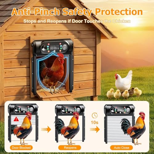 Automatic Chicken Coop Door Solar Powered, Roll-Up Anti-Jam Auto Chicken Door Opener with Light Sensor, Timer & Remote Control, Large 9.45" x 10" Opening, Anti-Pinch Weatherproof for Outdoor