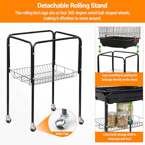 64'' Large Metal Bird Flight Cage with Open Top, Detachable Rolling Stand & Storage Shelf for Parrots, Conures, Lovebirds, Cockatiels, Parakeets, Black