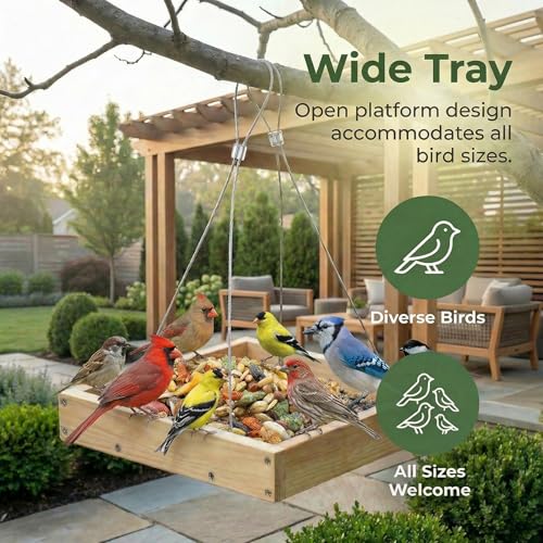 Lightweight Wooden Platform Bird Feeder with Drainage Tray | Wooden feeder keeps seeds fresh, lightweight 0.55LB tray design, attracts cardinals, woodpeckers and wild birds.