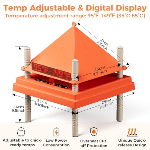 Smart Chick Brooder Heating Plate 10"x10" with Digital Temp Control (95℉-149℉), Stepless Adjustable Height & Anti-Roosting Cone, Mother Hen Chick Heater for Up to 15 Chicks - color: ORG-DSP-10