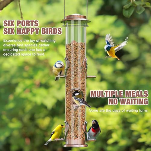 ERYTLLY Metal Bird Feeder for Wild Birds - 1.4mm Extra Thick Solid Transparent Tube With Steel Hanger, Squirrel Proof for Outside (Antique Copper-Metal 6 Feeding Ports) - color: Antique Copper-Metal 6 Feeding Ports