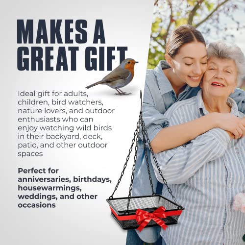Monarch Abode Hanging Bird Feeder for Outdoors – Hanging Birdfeeder with Iron Mesh Seed Tray for Wild Birds, Matte Black Metal Decorative Wild Bird Feeder for Outside Garden Patio Deck Yard - color: Black, style: Mesh Bird Feeder