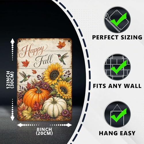 Happy Fall Hummingbird Sunflower Pumpkin Tin Sign Vintage Autumn Wall Decor for Kitchen Dining Room Living Room Porch Entryway and Farmhouse Home Decor 12 * 8In - color: Vintage Thanksgiving Tin Sign 15, size: 20X30cm(12*8in)