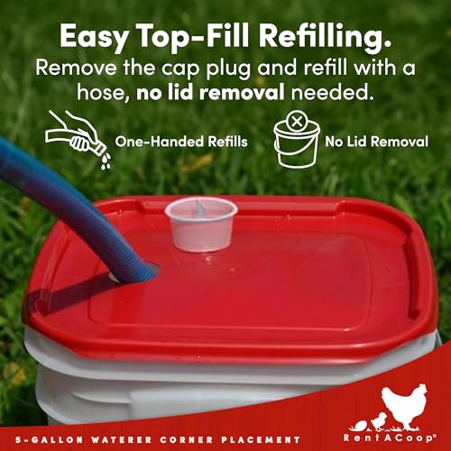 RentACoop 5 Gallon Chicken Waterer with 4 Auto-Fill Water Cups, 4 Horizontal Nipples, and Custom Adjustable Stand; BPA-Free; Large Capacity Poultry Waterer- Corner Placement