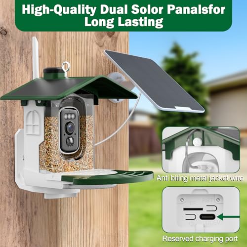 Smart Bird Feeder with Camera, 2K AI Identification, Grass Green | Dual Solar Power, 32GB SD Included, Squirrel Barrier Tray, IP65 Weatherproof, Instant Bird Alerts, 30-Day AI Cloud Trial - color: Grass Green