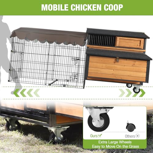 GUTINNEEN Mobile Chicken Coop with Strong Iron Frame Outdoor Hen House with Run Poultry Cage with Waterproof Roof,Nesting Box,Pull-on Tray,6-8 Chickens - size: 76.7"L x 53.8"W x 36.8"H